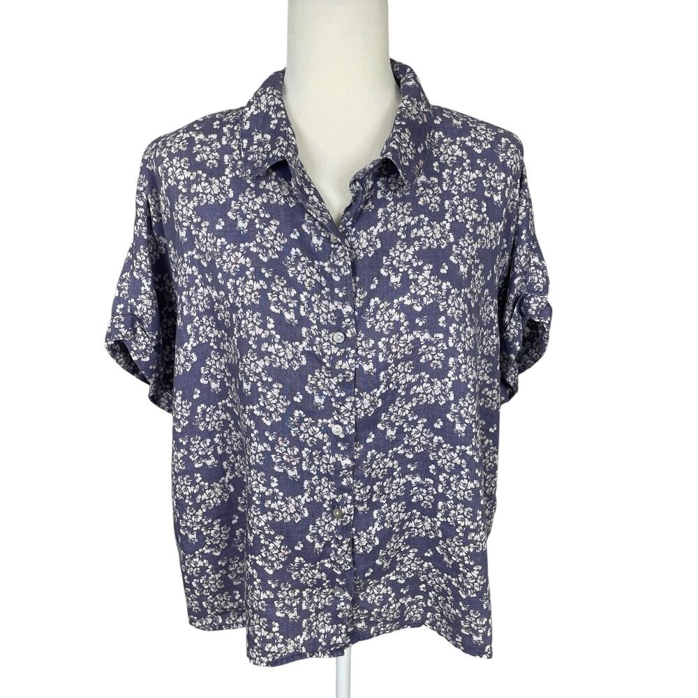 Rachel Zoe 100% Linen Short Sleeve Floral Button Front Top Large Travel Casual